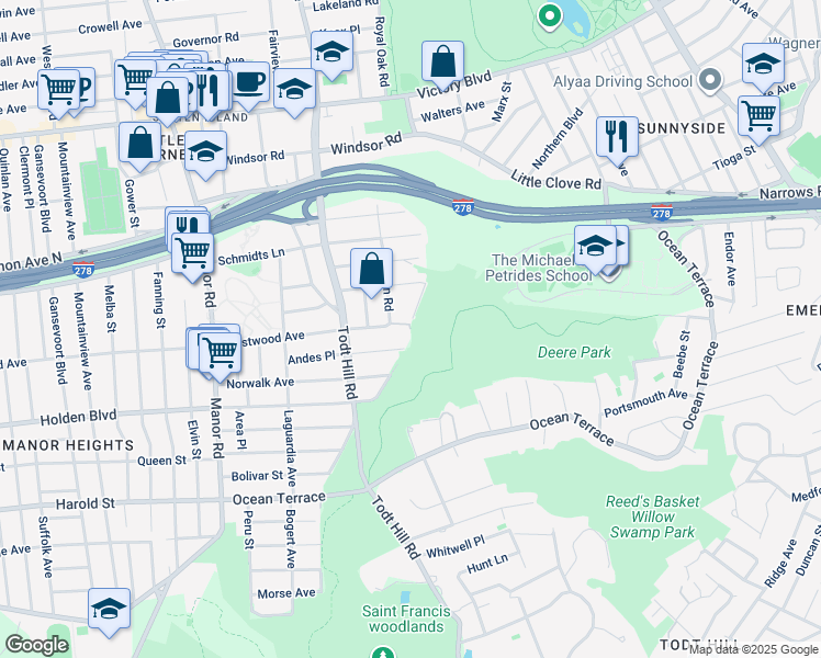map of restaurants, bars, coffee shops, grocery stores, and more near 91 Fine Boulevard in Staten Island