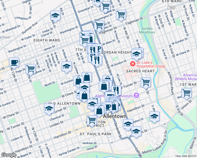 map of restaurants, bars, coffee shops, grocery stores, and more near 318 North 7th Street in Allentown