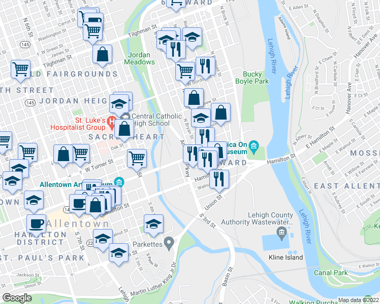 map of restaurants, bars, coffee shops, grocery stores, and more near 100 North 3rd Street in Allentown