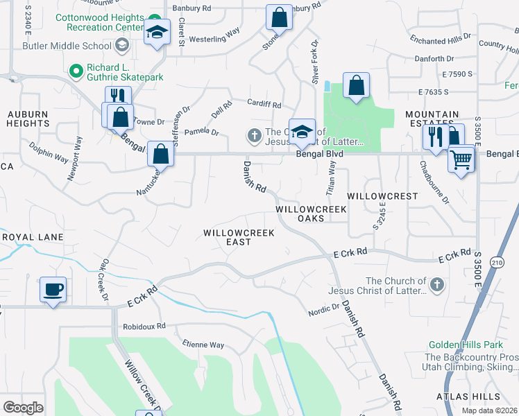 map of restaurants, bars, coffee shops, grocery stores, and more near 2935 Denmark Drive in Cottonwood Heights