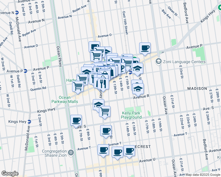 map of restaurants, bars, coffee shops, grocery stores, and more near 1761 East 12th Street in Brooklyn