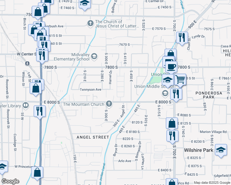 map of restaurants, bars, coffee shops, grocery stores, and more near 7944 Farm House Lane in Midvale
