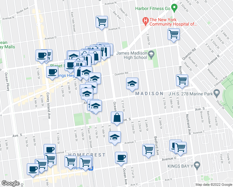 map of restaurants, bars, coffee shops, grocery stores, and more near 2258 Ocean Avenue in Brooklyn
