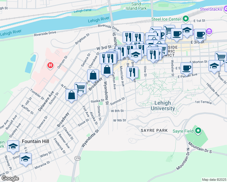 map of restaurants, bars, coffee shops, grocery stores, and more near 532 Carlton Avenue in Bethlehem