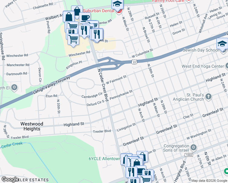 map of restaurants, bars, coffee shops, grocery stores, and more near 3037 Pennsylvania Street in Allentown