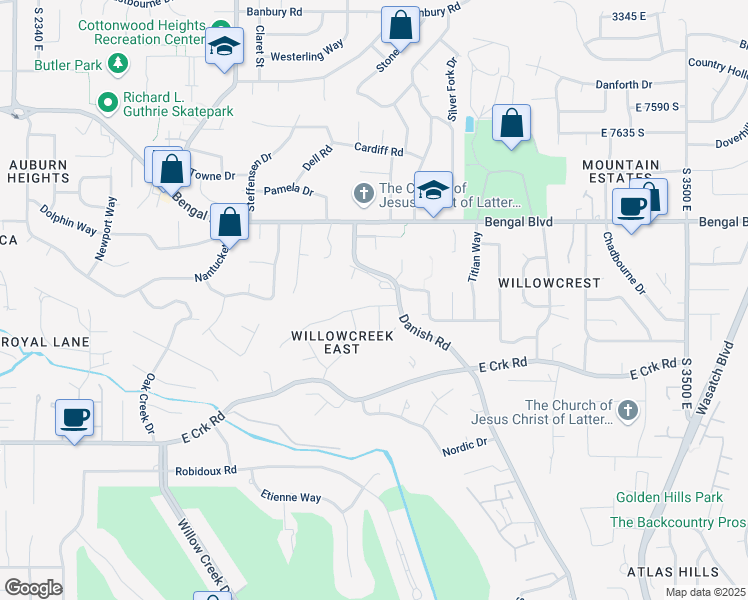 map of restaurants, bars, coffee shops, grocery stores, and more near 2935 Denmark Drive in Cottonwood Heights