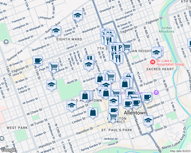 map of restaurants, bars, coffee shops, grocery stores, and more near 881 West Gordon Street in Allentown