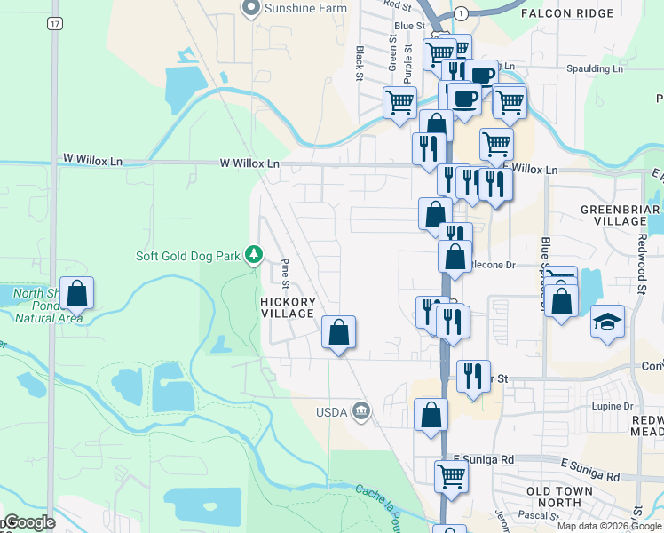 map of restaurants, bars, coffee shops, grocery stores, and more near 1601 North College Avenue in Fort Collins