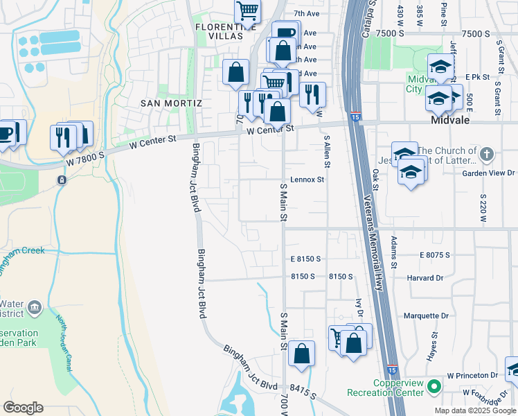 map of restaurants, bars, coffee shops, grocery stores, and more near 754 Wasatch Street in Midvale