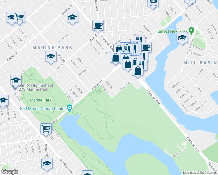 map of restaurants, bars, coffee shops, grocery stores, and more near 2264 Ryder Street in Brooklyn