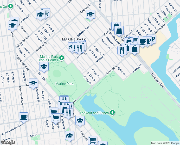 map of restaurants, bars, coffee shops, grocery stores, and more near 2130 East 34th Street in Brooklyn