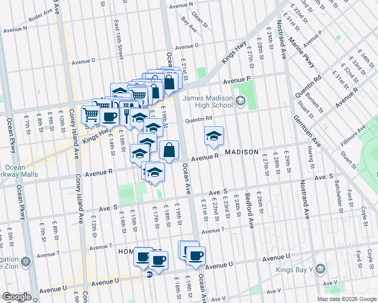 map of restaurants, bars, coffee shops, grocery stores, and more near 2258 Ocean Avenue in Brooklyn