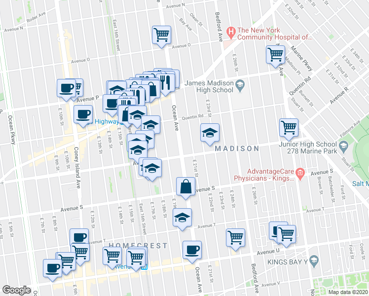 map of restaurants, bars, coffee shops, grocery stores, and more near 2258 Ocean Avenue in Brooklyn