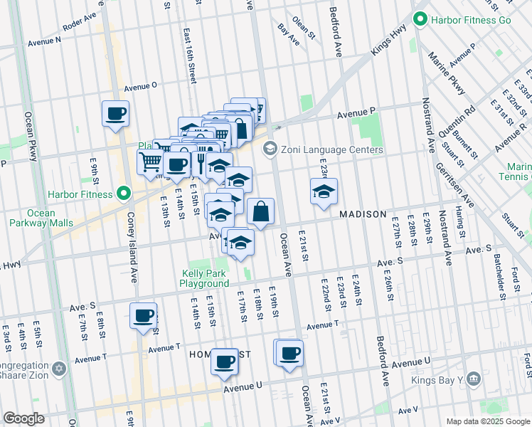 map of restaurants, bars, coffee shops, grocery stores, and more near 1809 Avenue R in Brooklyn