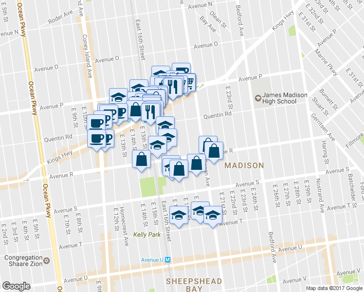 map of restaurants, bars, coffee shops, grocery stores, and more near 1809 Avenue R in Brooklyn