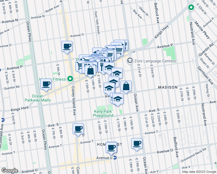 map of restaurants, bars, coffee shops, grocery stores, and more near 1784 East 17th Street in Brooklyn