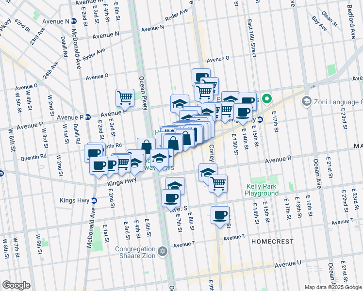 map of restaurants, bars, coffee shops, grocery stores, and more near 1738 East 8th Street in Brooklyn