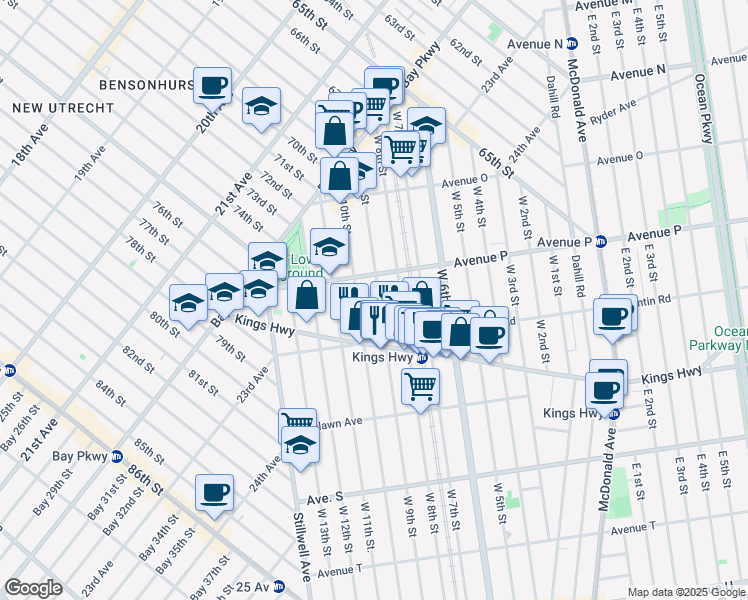 map of restaurants, bars, coffee shops, grocery stores, and more near 1647 West 10th Street in Brooklyn