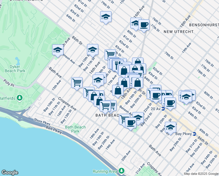 map of restaurants, bars, coffee shops, grocery stores, and more near 1731 Benson Avenue in Brooklyn