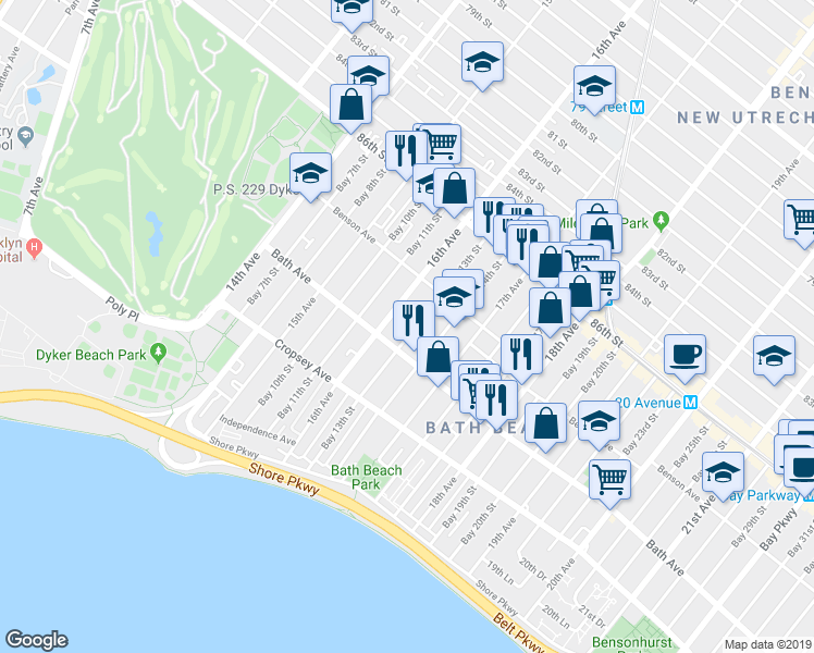 map of restaurants, bars, coffee shops, grocery stores, and more near 162 Bay 13th Street in Brooklyn