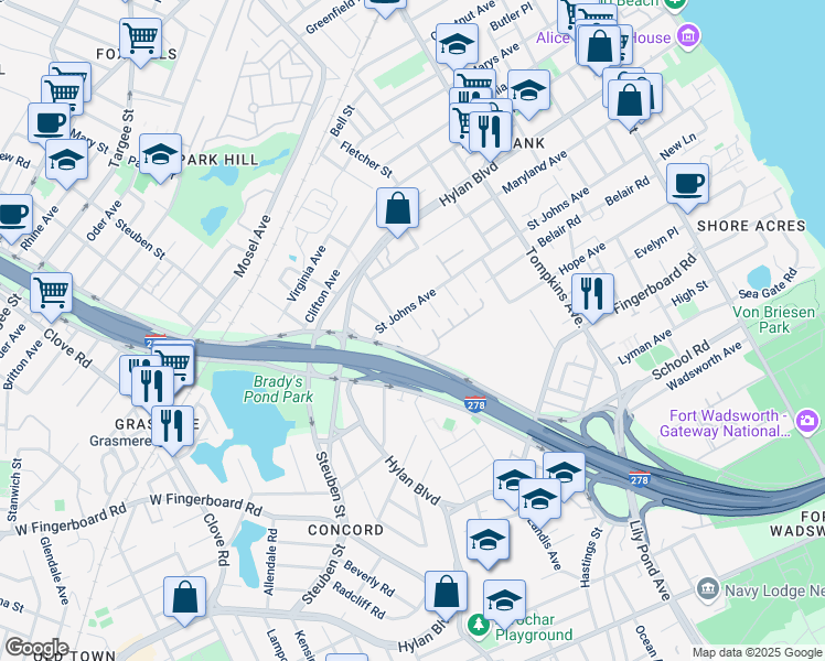 map of restaurants, bars, coffee shops, grocery stores, and more near 185 Narrows Road South in Staten Island