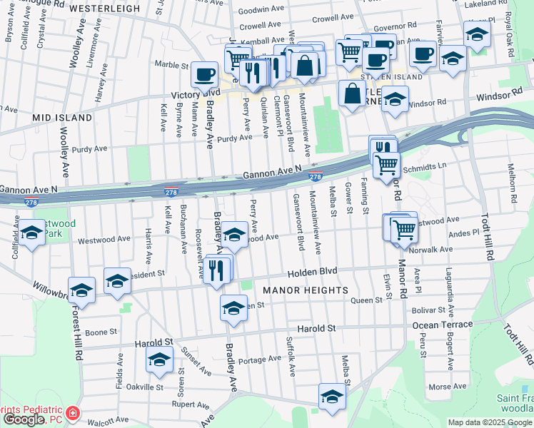 map of restaurants, bars, coffee shops, grocery stores, and more near 218 Quinlan Avenue in Staten Island