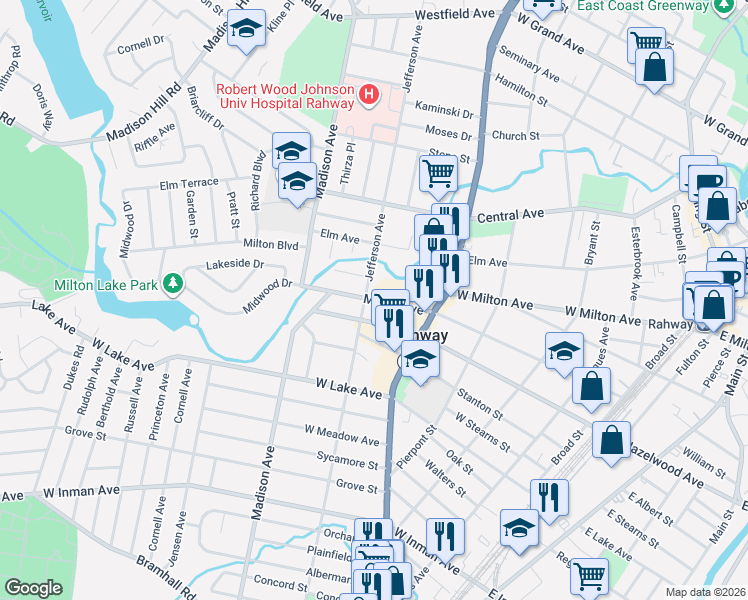 map of restaurants, bars, coffee shops, grocery stores, and more near 565 West Hazelwood Avenue in Rahway