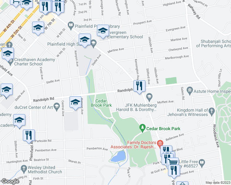 map of restaurants, bars, coffee shops, grocery stores, and more near 1219 Arlington Avenue in Plainfield
