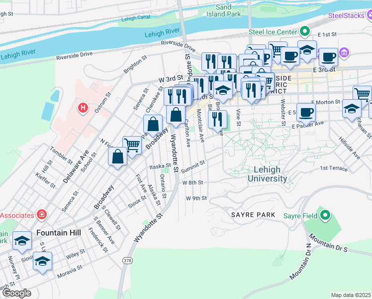 map of restaurants, bars, coffee shops, grocery stores, and more near 532 Carlton Avenue in Bethlehem