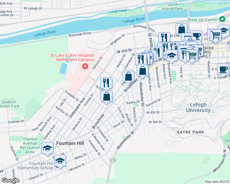 map of restaurants, bars, coffee shops, grocery stores, and more near 641 Broadway in Bethlehem