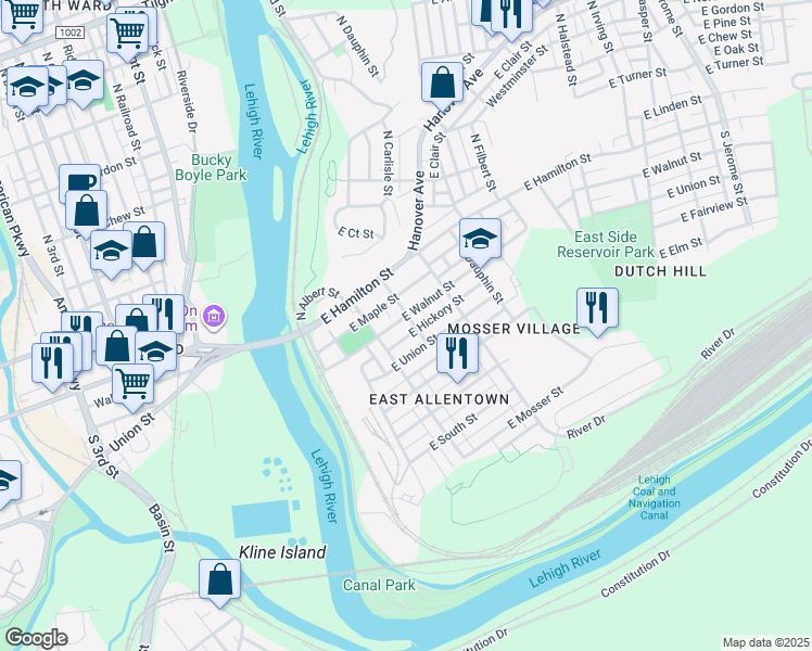 map of restaurants, bars, coffee shops, grocery stores, and more near 233 East Union Street in Allentown