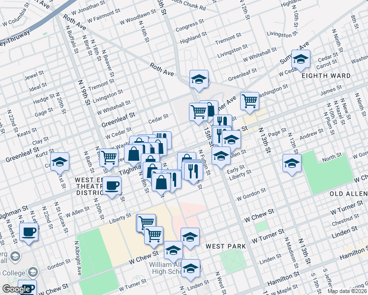 map of restaurants, bars, coffee shops, grocery stores, and more near 646 North 16th Street in Allentown