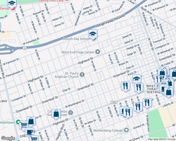 map of restaurants, bars, coffee shops, grocery stores, and more near 2422 Livingston Street in Allentown