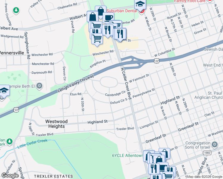 map of restaurants, bars, coffee shops, grocery stores, and more near 3205 Cambridge Circle in Allentown