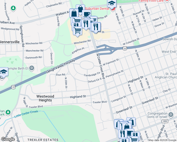 map of restaurants, bars, coffee shops, grocery stores, and more near 3205 Cambridge Circle in Allentown