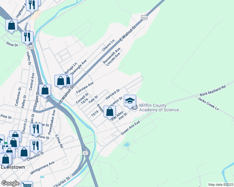 map of restaurants, bars, coffee shops, grocery stores, and more near 612 Harvard Street in Lewistown