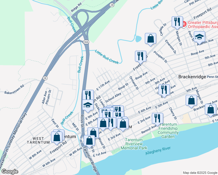 map of restaurants, bars, coffee shops, grocery stores, and more near 506 Freeport Road in Tarentum