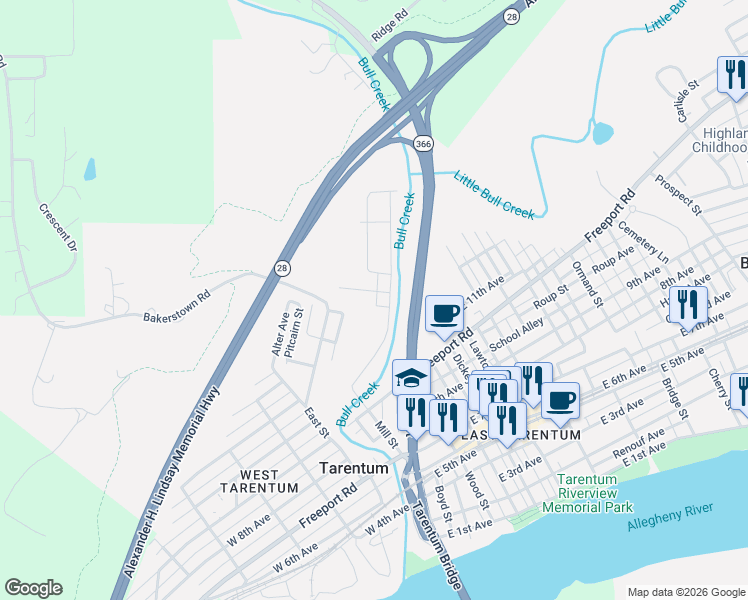 map of restaurants, bars, coffee shops, grocery stores, and more near 1318 Locust Street in Tarentum