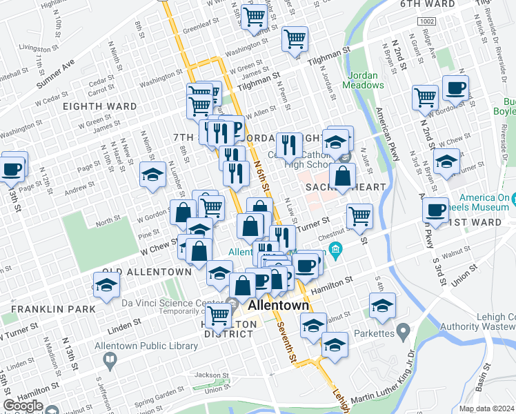 map of restaurants, bars, coffee shops, grocery stores, and more near 621 West Chew Street in Allentown