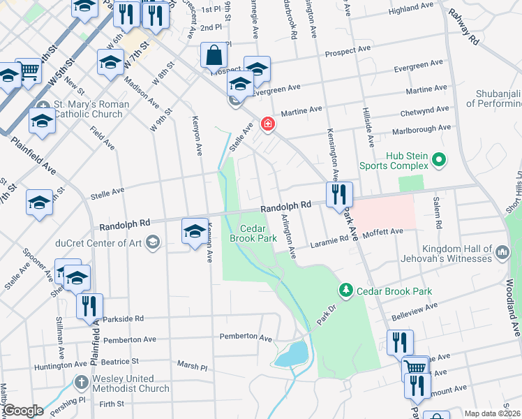 map of restaurants, bars, coffee shops, grocery stores, and more near 1209-13 Rose Street in Plainfield