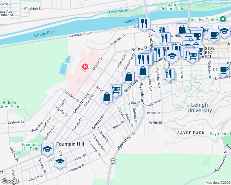 map of restaurants, bars, coffee shops, grocery stores, and more near 641 Broadway in Bethlehem
