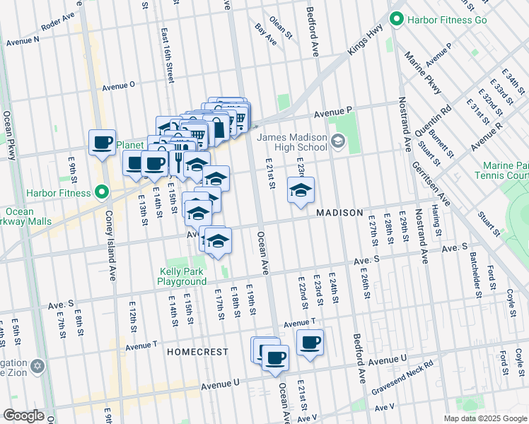 map of restaurants, bars, coffee shops, grocery stores, and more near 2249 Ocean Avenue in Brooklyn