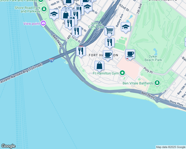 map of restaurants, bars, coffee shops, grocery stores, and more near 222a Washington Road in Brooklyn