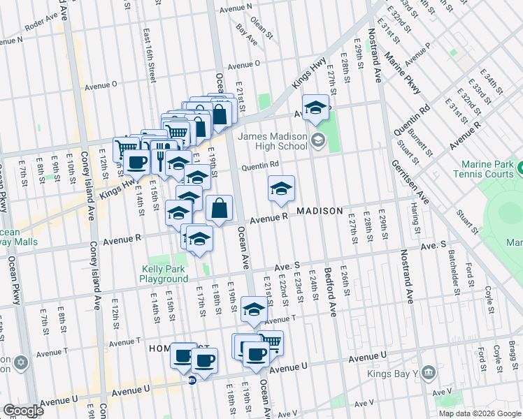 map of restaurants, bars, coffee shops, grocery stores, and more near 2103 Avenue R in Brooklyn