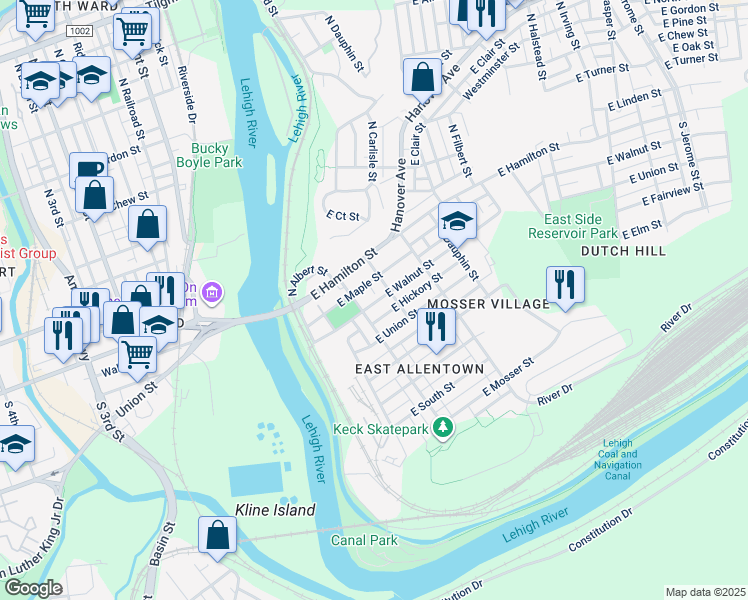 map of restaurants, bars, coffee shops, grocery stores, and more near 217 East Walnut Street in Allentown