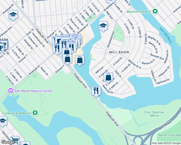 map of restaurants, bars, coffee shops, grocery stores, and more near 2206 National Drive in Brooklyn