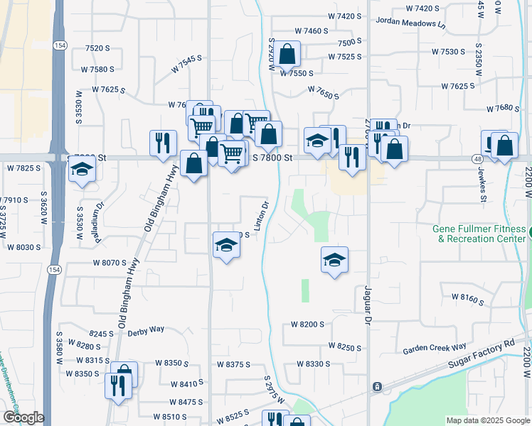 map of restaurants, bars, coffee shops, grocery stores, and more near 7947 Linton Drive in West Jordan