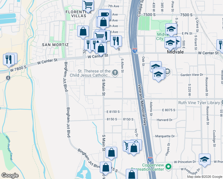 map of restaurants, bars, coffee shops, grocery stores, and more near 7923 South Main Street in Midvale