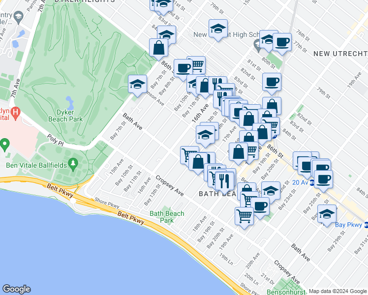 map of restaurants, bars, coffee shops, grocery stores, and more near 140 Bay 13th Street in Brooklyn
