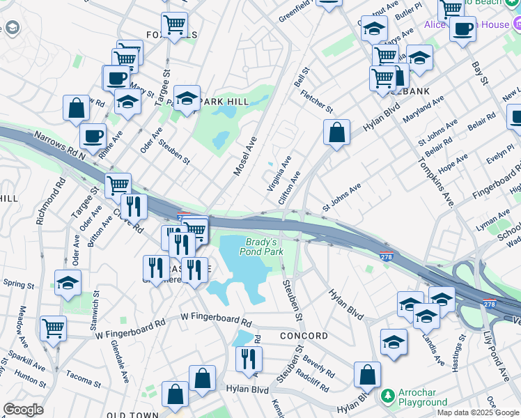 map of restaurants, bars, coffee shops, grocery stores, and more near 319 Narrows Road North in Staten Island
